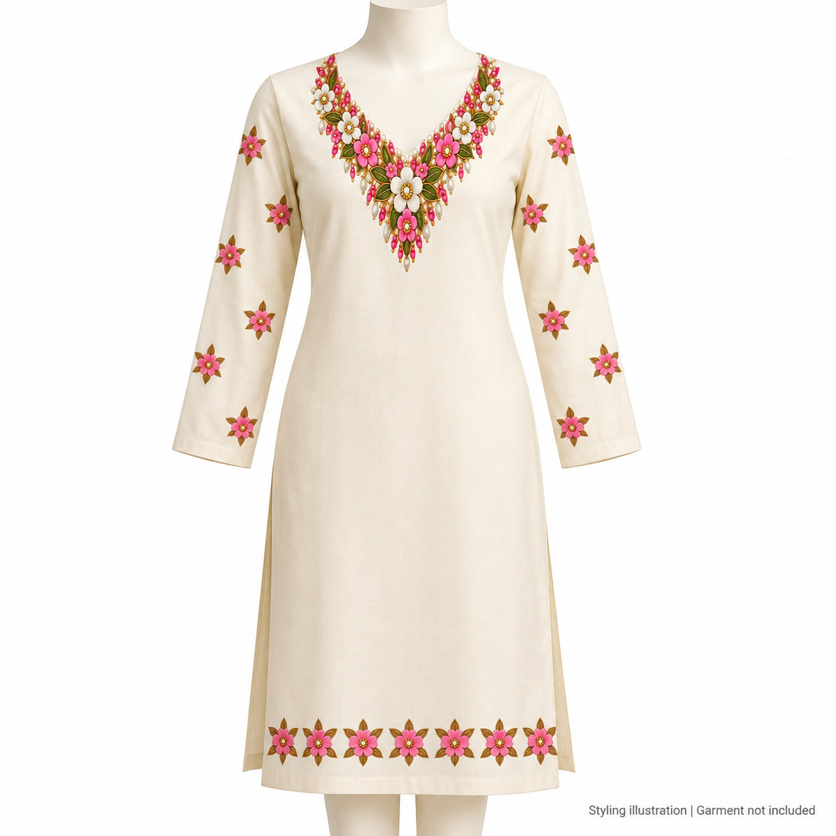 Pink Ivory & Gold Floral DTF Heat Transfer Sticker Set with V-Neck Design for Suit & Blouse