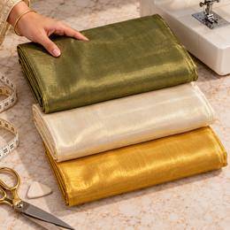 Metallic Tissue Fabric 3 Piece Combo – 2 Metre Each | Golden, Cream & Olive Green | Blouse, Piping, Craft & Tailoring Fabric