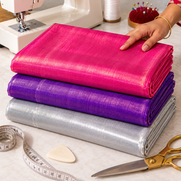 Premium Tissue Fabric 3 Piece Combo – Rani Pink, Purple & Silver | 2 Metre Each | Tailoring & Piping Fabric