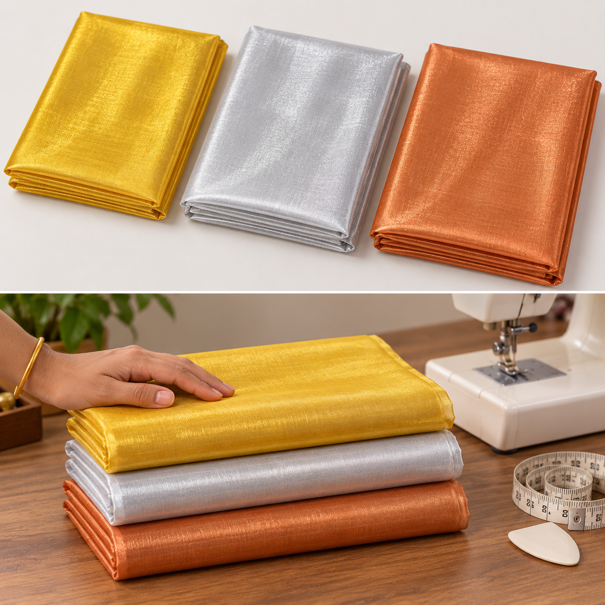 Premium Tissue Fabric 3 Piece Combo – Golden, Silver & Copper | 2 Metre Each | For Piping, Blouse & Tailoring Work