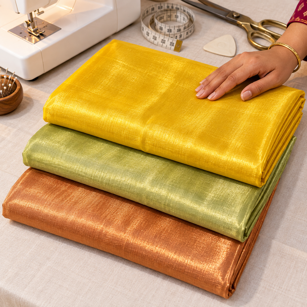 3 Piece Premium Tissue Fabric Combo – Golden, Light Olive Green & Copper | 2 Metre Each | For Piping, Dori & Tailoring