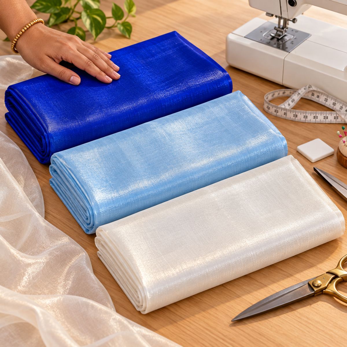 3 Piece Tissue Fabric Combo – Royal Blue, Sky Blue & White | 2 Metre Each | Piping & Tailoring Fabric