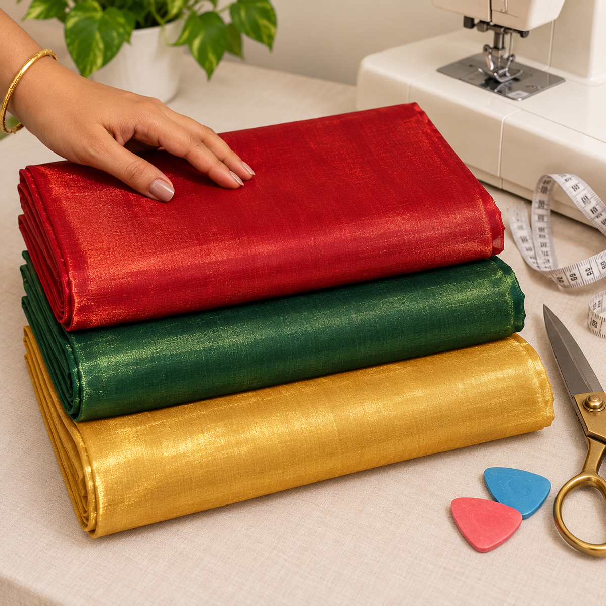 3 Piece Tissue Fabric Combo for Piping & Tailoring – Red, Bottle Green & Golden – 2 Metres Each