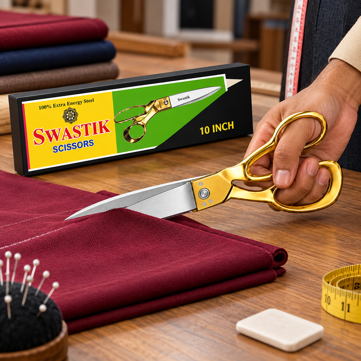 Swastik 10 Inch Golden Handle Tailoring Scissor | Heavy Duty Cloth Cutting Kainchi | Sharp Steel Blade Professional Fabric Scissors