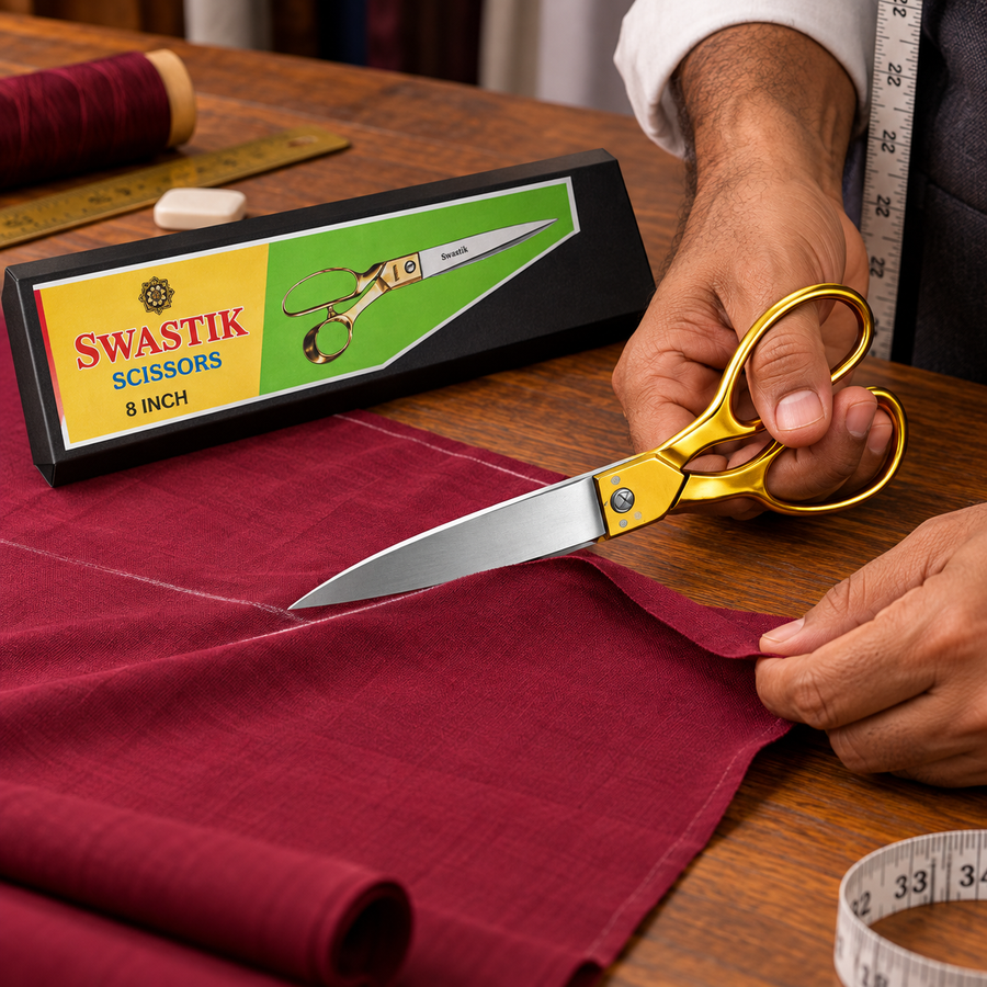 Swastik 8 Inch Tailoring Scissor with Golden Handle | Heavy Duty Cloth Cutting Kainchi | Steel Blade Fabric Cutting Scissor