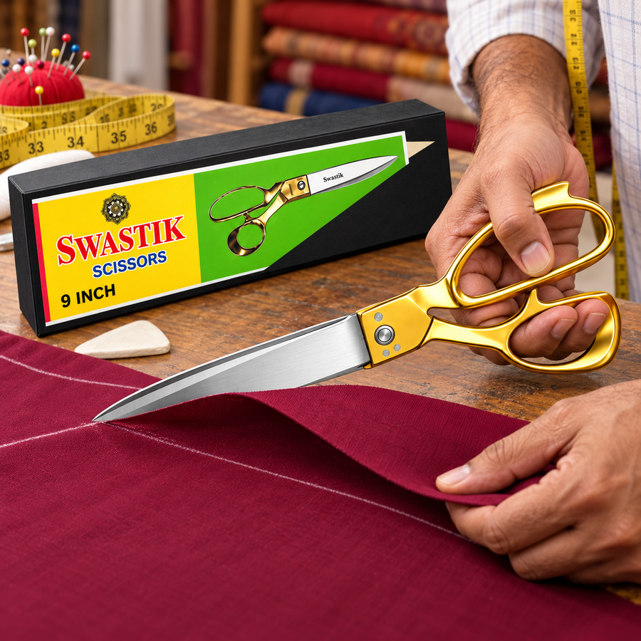 Swastik 9 Inch Golden Handle Tailoring Scissor | Heavy Duty Cloth Cutting Kainchi | Sharp Steel Blade Fabric Cutting Scissors