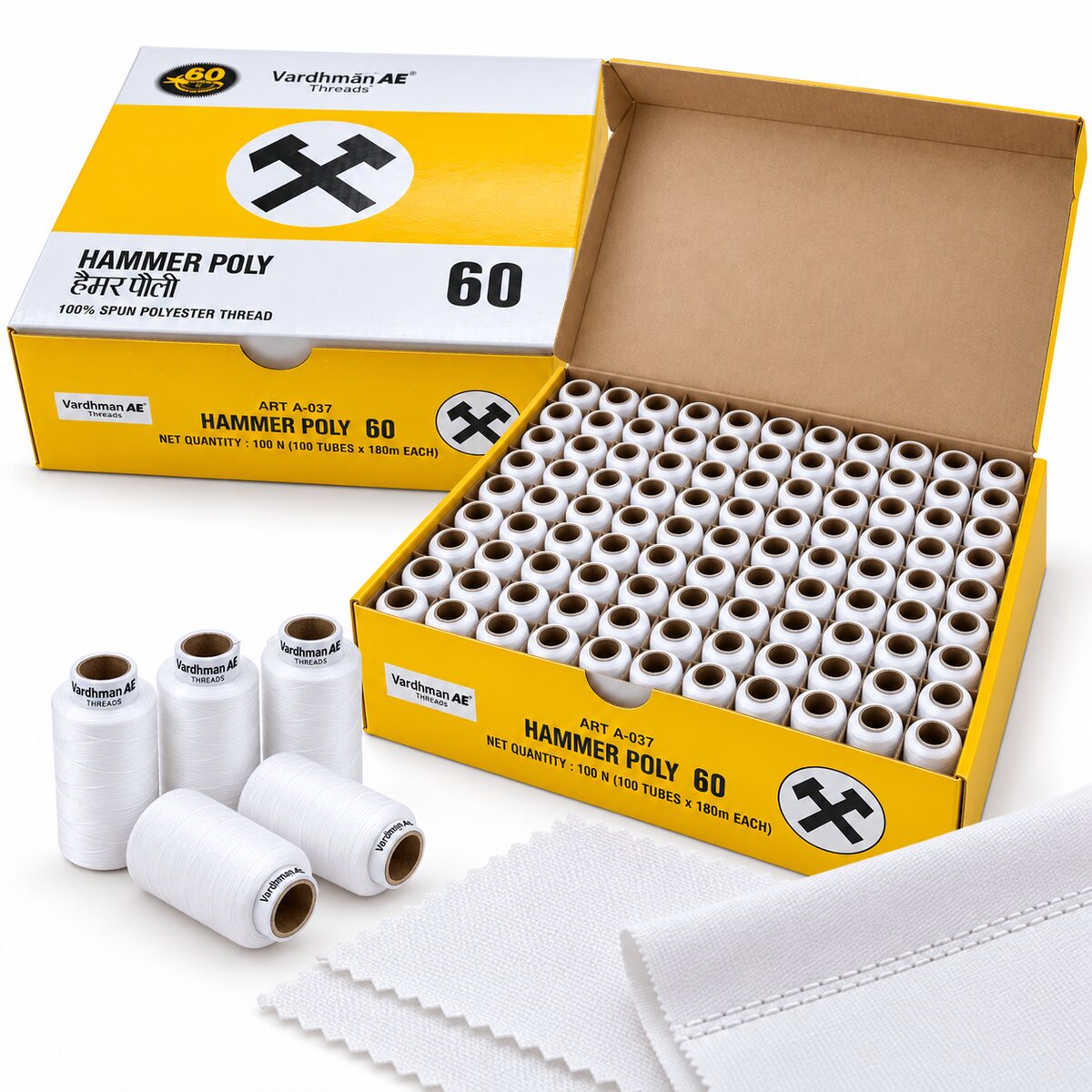 Vardhman AE Hammer Poly 60 White Sewing Thread Box | 100 Tubes x 180 Metres Each | 100% Spun Polyester Thread