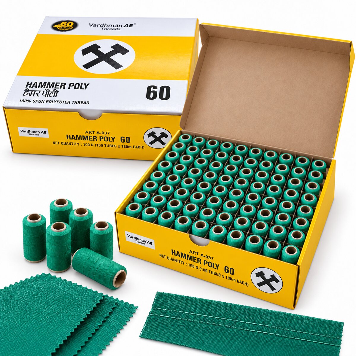 Vardhman AE Hammer Poly 60 Green Sewing Thread | 100 Tubes x 180 Metres Each | 100% Spun Polyester Tailoring Thread