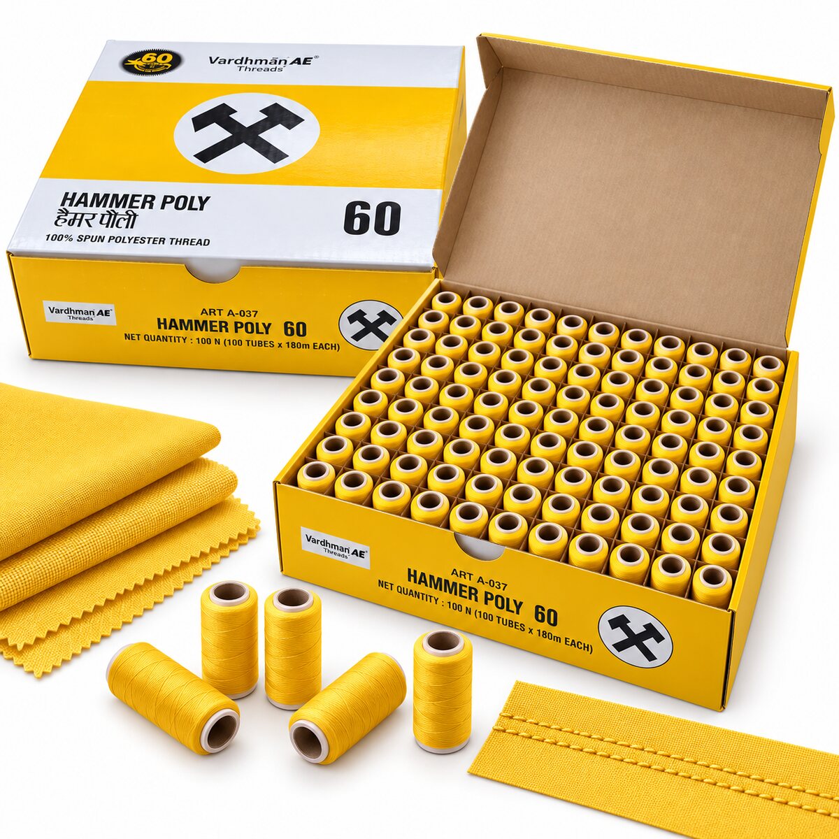 Vardhman AE Hammer Poly 60 Yellow Sewing Thread | 100 Tubes x 180 Metres Each | 100% Spun Polyester Thread