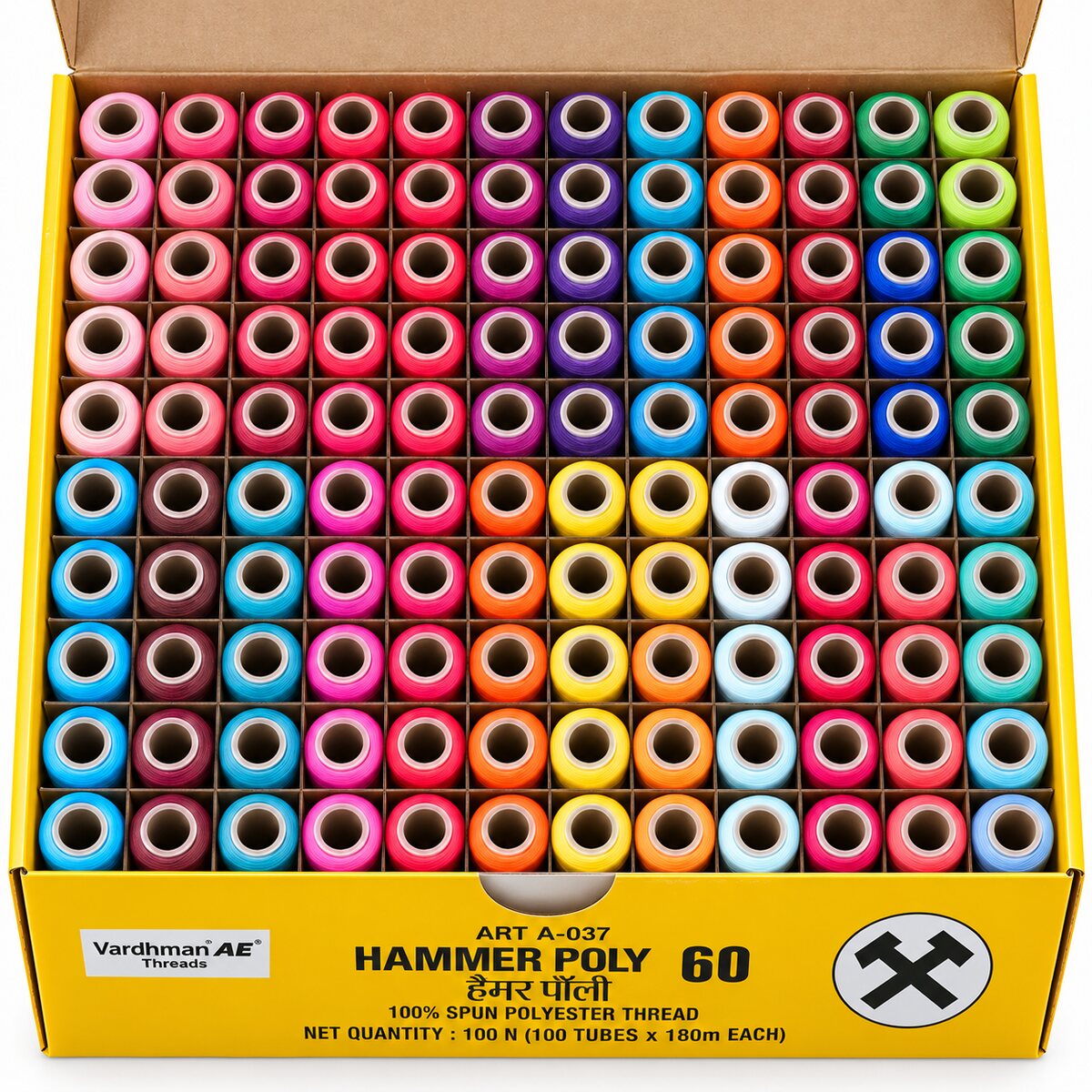 Vardhman AE Hammer Poly 60 Multicolour Mix 2 Sewing Thread Box | 100 Tubes x 180 Metres Each | 100% Spun Polyester Thread for Tailoring & Stitching