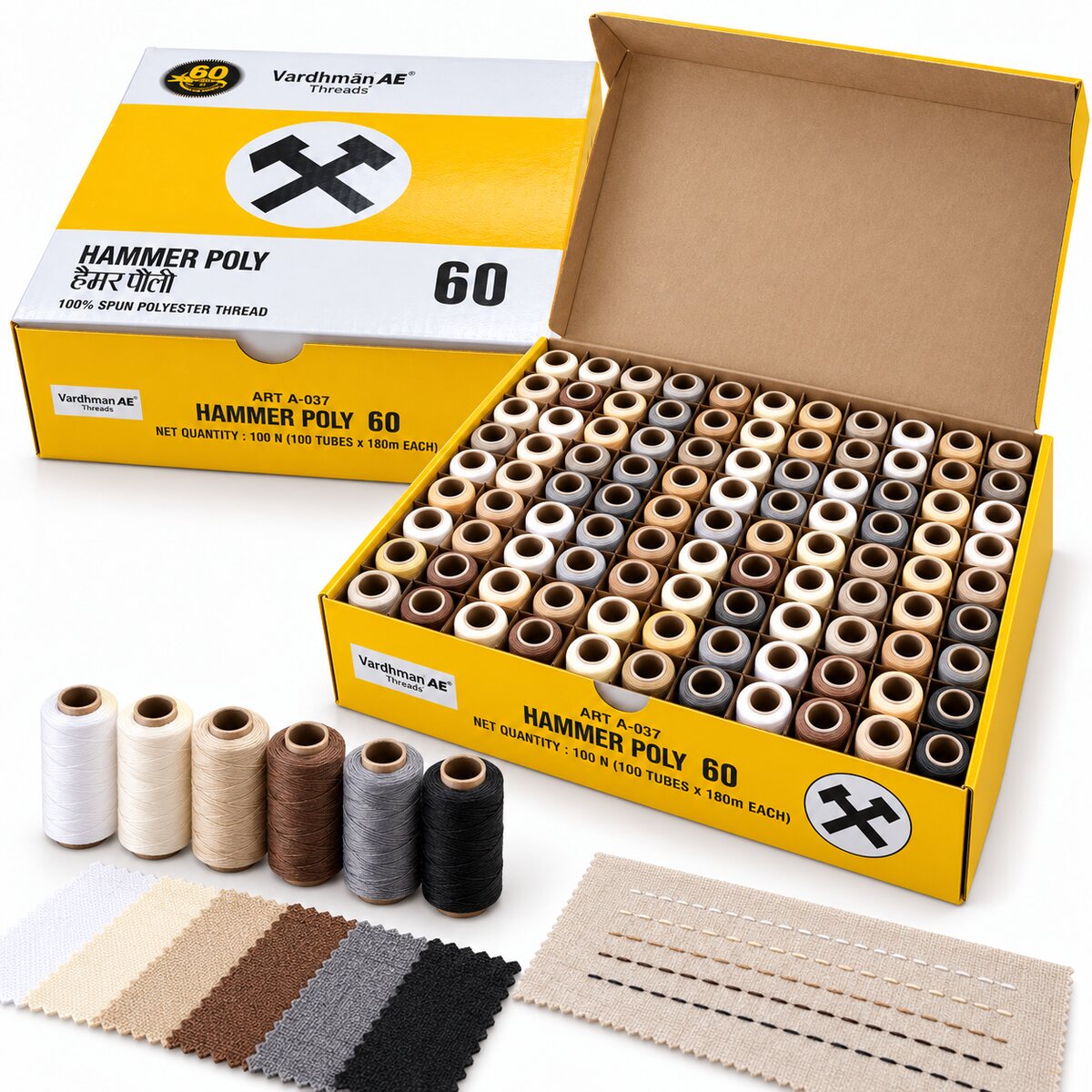 Vardhman AE Hammer Poly 60 Multicolour Mix 6 Sewing Thread Box | 100 Tubes x 180 Metres Each | 100% Spun Polyester Thread