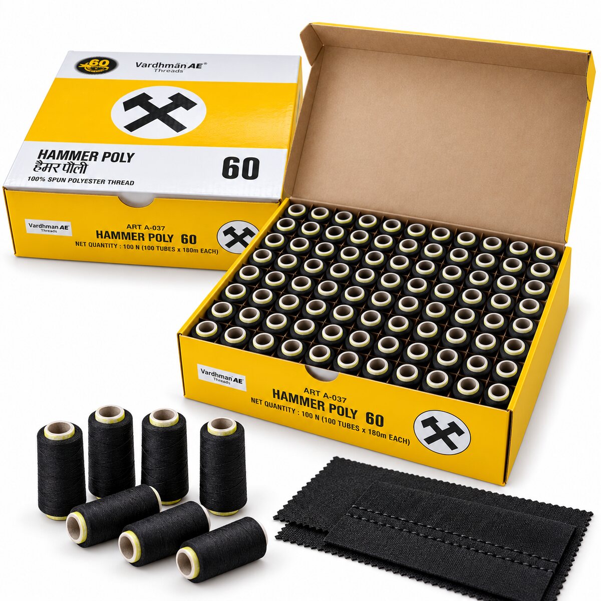 Vardhman AE Hammer Poly 60 Black Sewing Thread Box | 100 Tubes x 180 Metres Each | 100% Spun Polyester Thread