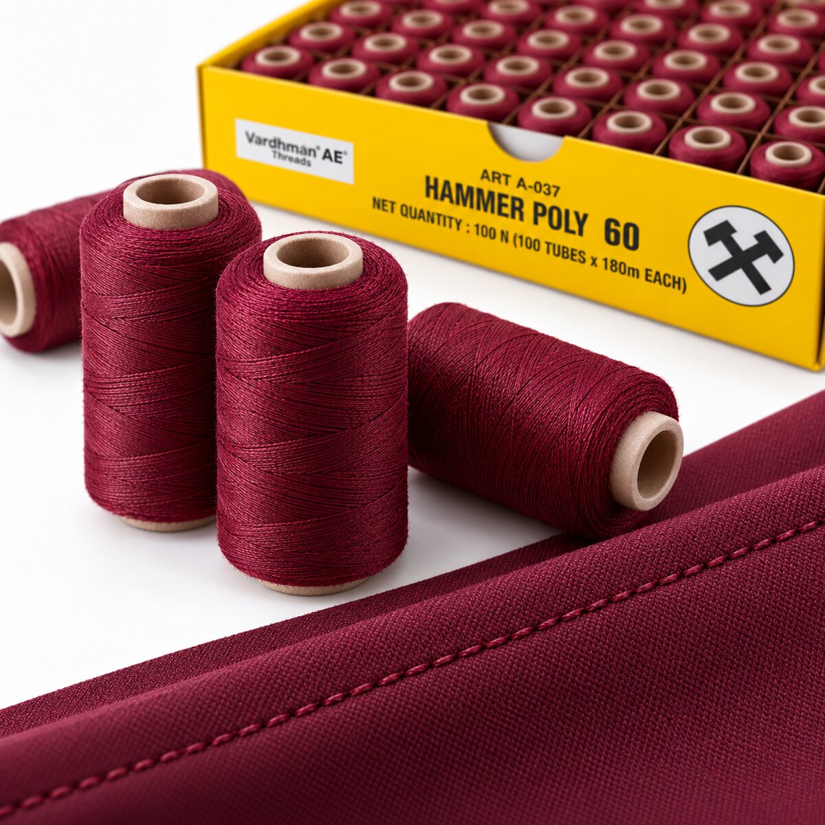 Vardhman AE Hammer Poly 60 Maroon Sewing Thread | 100 Tubes x 180 Metres Each | 100% Spun Polyester Tailoring Thread
