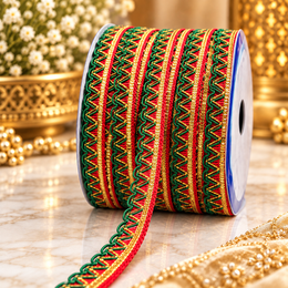 Red Green Golden Designer Zigzag Lace Border | 18 Meter | Pack of 3 Rolls | Decorative Lace Trim for Saree, Blouse, Dupatta, Lehenga & Ethnic Wear