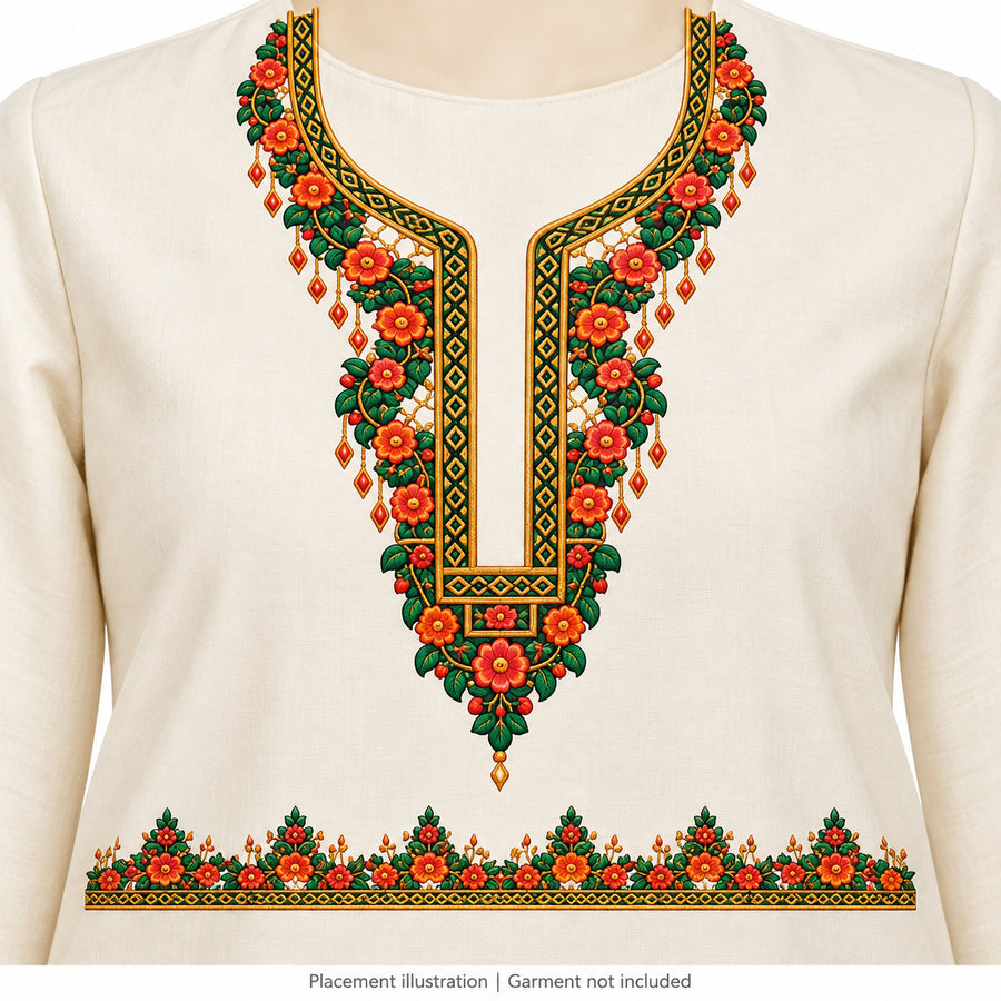 Orange Floral DTF Heat Transfer Sticker Set with Green & Gold-Tone Neckline and Border Design for Kurti & Suit