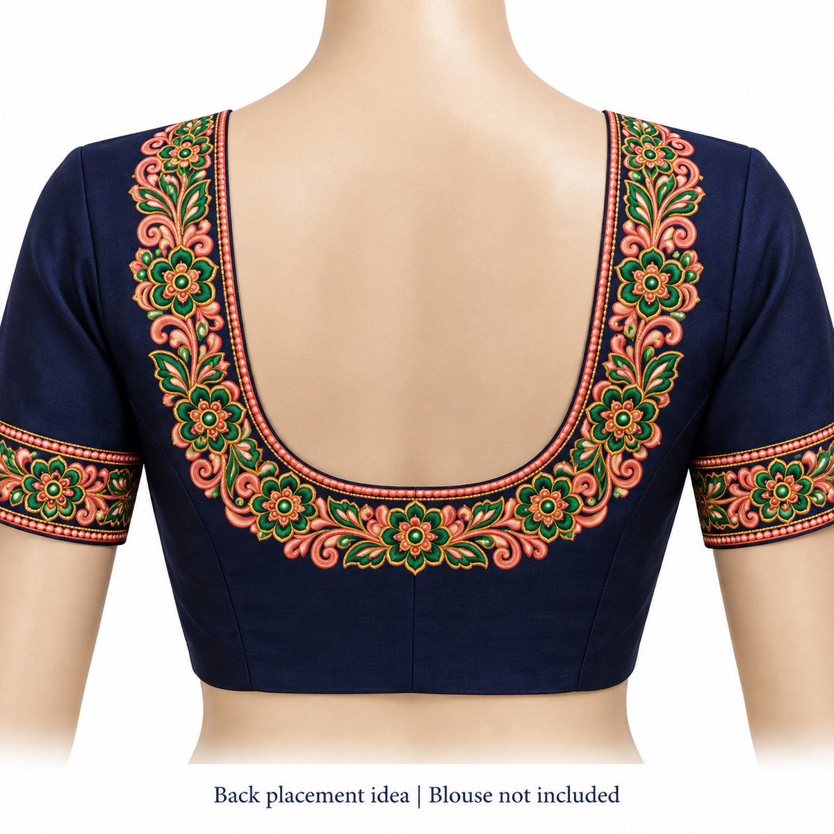 Coral Pink & Green Floral DTF Heat Transfer Sticker Set with U-Neck and Sleeve Borders for Blouse