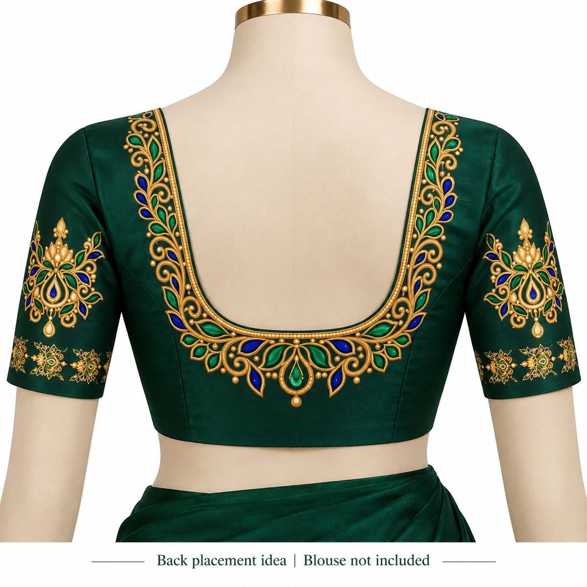 Green & Blue Gold-Tone DTF Blouse Sticker Set with Floral U-Neckline and Decorative Sleeve Motifs