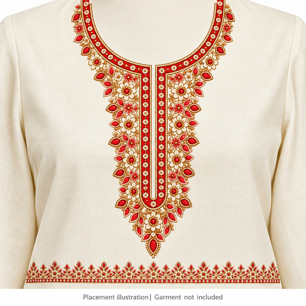 Red & Ivory Floral DTF Heat Transfer Sticker Set with Gold-Tone Neckline and Border for Kurti & Suit