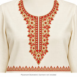 Red & Ivory Floral DTF Heat Transfer Sticker Set with Gold-Tone Neckline and Border for Kurti & Suit