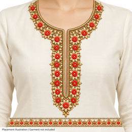 Red Floral & Gold-Tone Leaf DTF Heat Transfer Sticker Set with Neckline and Matching Border for Kurti & Suit