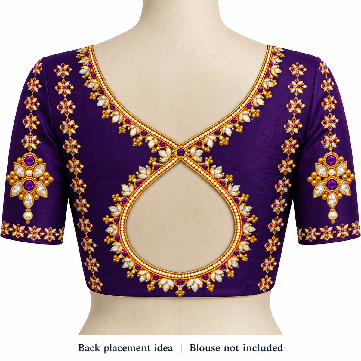 Purple & Gold-Tone Jewellery Print DTF Blouse Sticker Set with Front Neck, Back Design and Sleeve Motifs