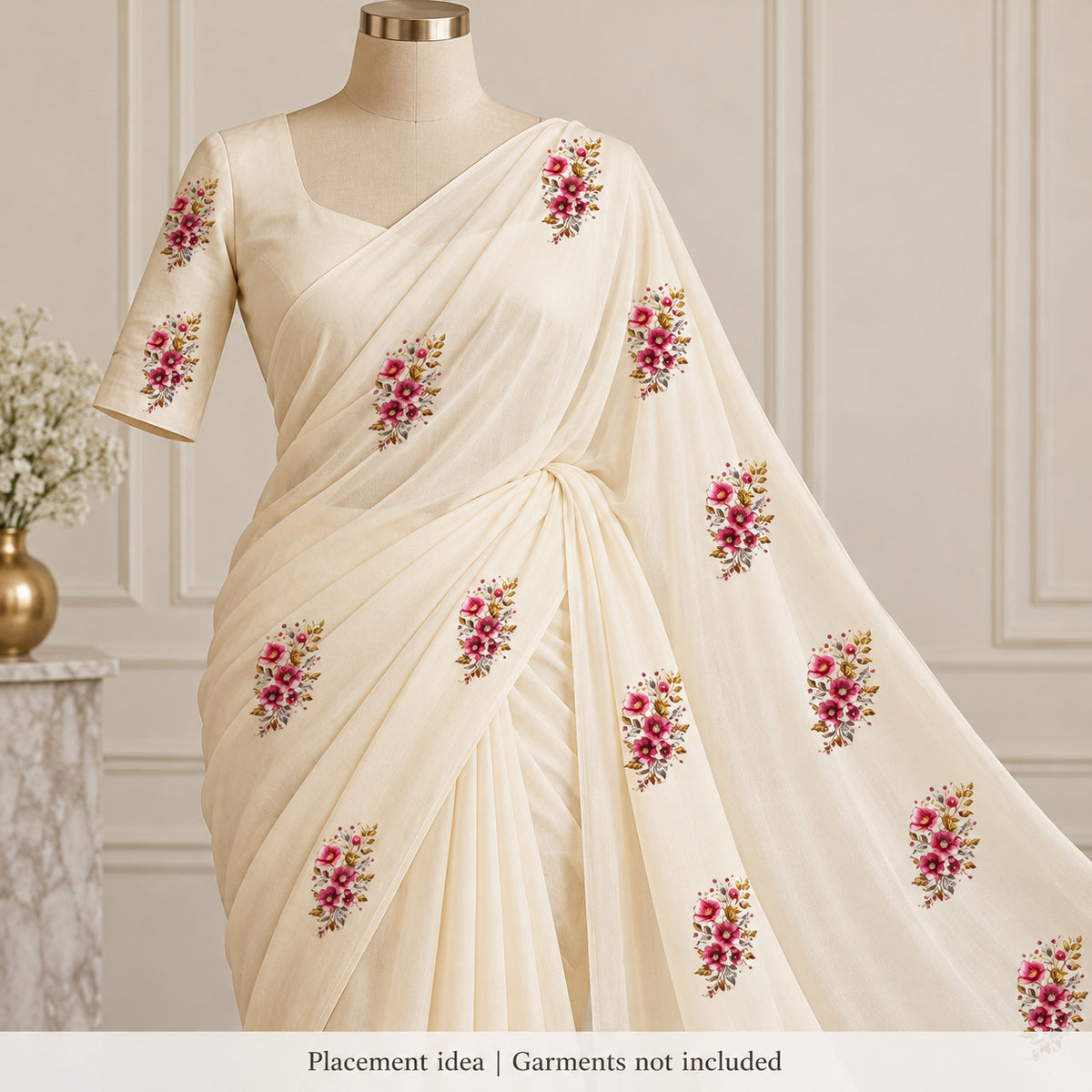 Pink Floral Bouquet DTF Heat Transfer Sticker Sheet for Saree, Kurti & Blouse Decoration