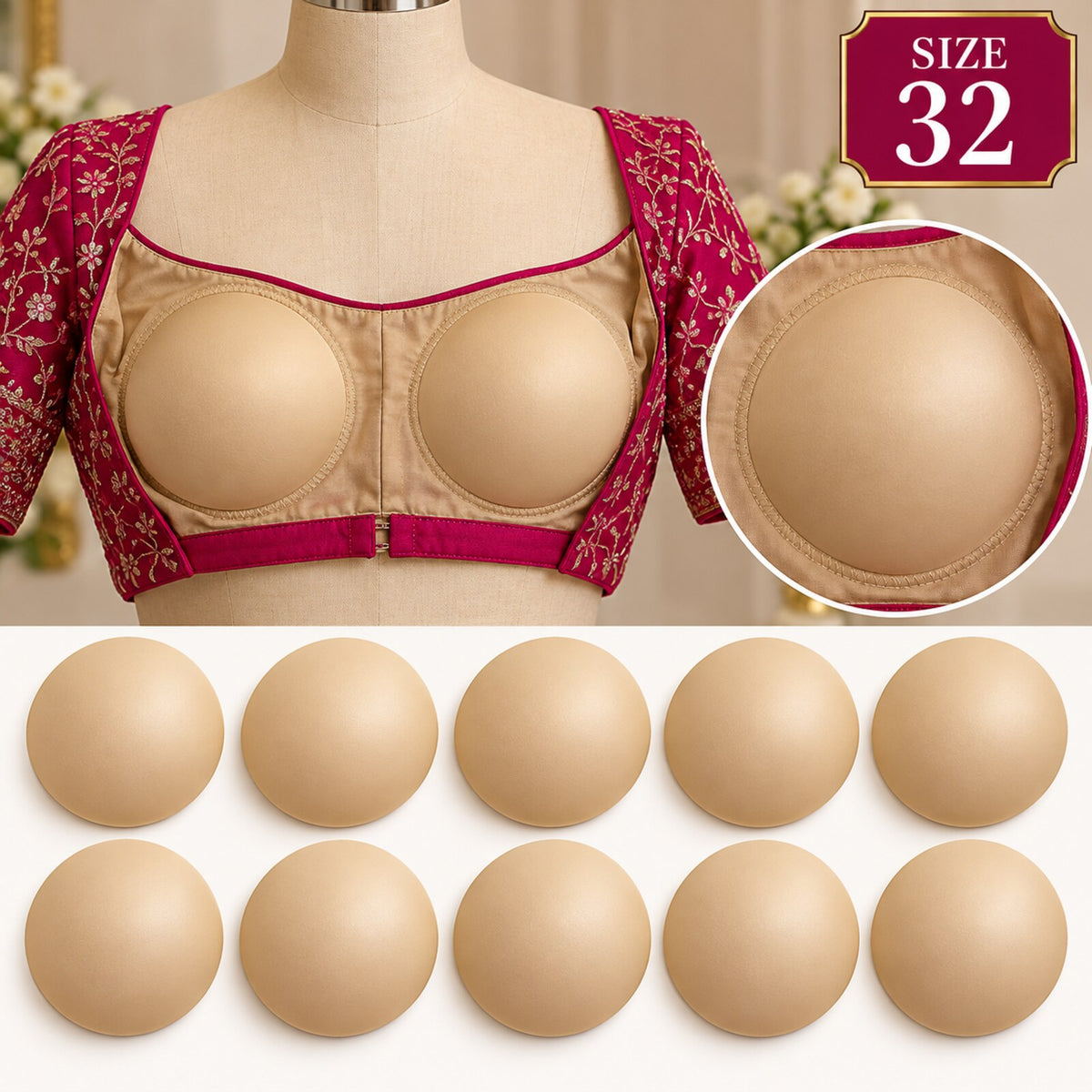 Diamond Bra Cups Size 32 | Blouse Padding Cups for Stitching | Pack of 10 Pieces (5 Pairs)