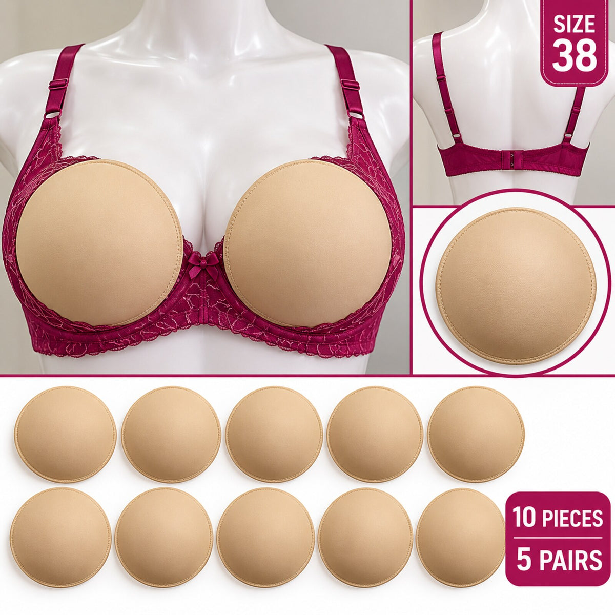 Diamond Bra Cups Size 38 for Blouse Stitching | Padded Foam Cups | Pack of 10 Pieces (5 Pairs)
