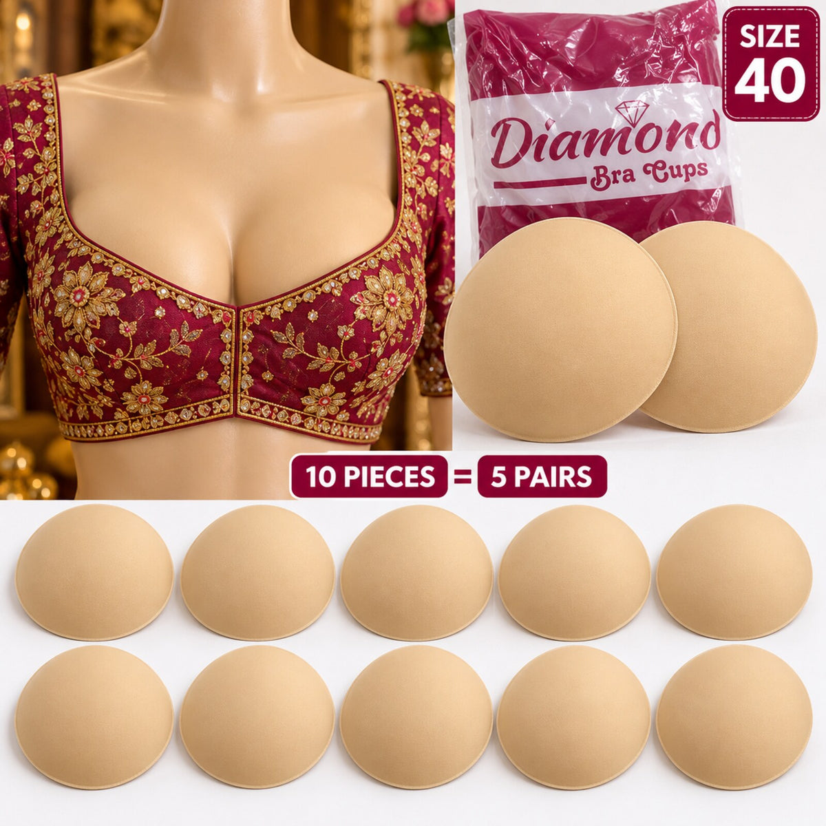 Diamond Bra Cups Size 40 for Blouse Stitching | Padded Foam Cups | Pack of 10 Pieces (5 Pairs)