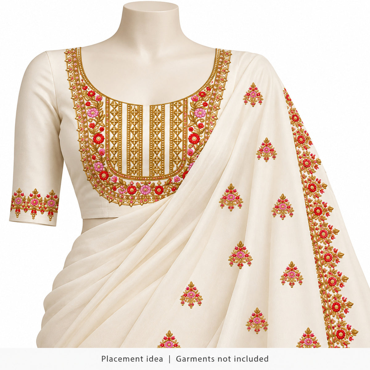 Pink & Red Floral DTF Heat Transfer Sticker Set with Gold-Tone Neckline, Matching Borders and Small Motifs for Suit & Blouse
