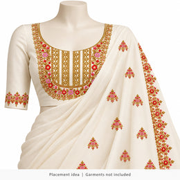 Pink & Red Floral DTF Heat Transfer Sticker Set with Gold-Tone Neckline, Matching Borders and Small Motifs for Suit & Blouse
