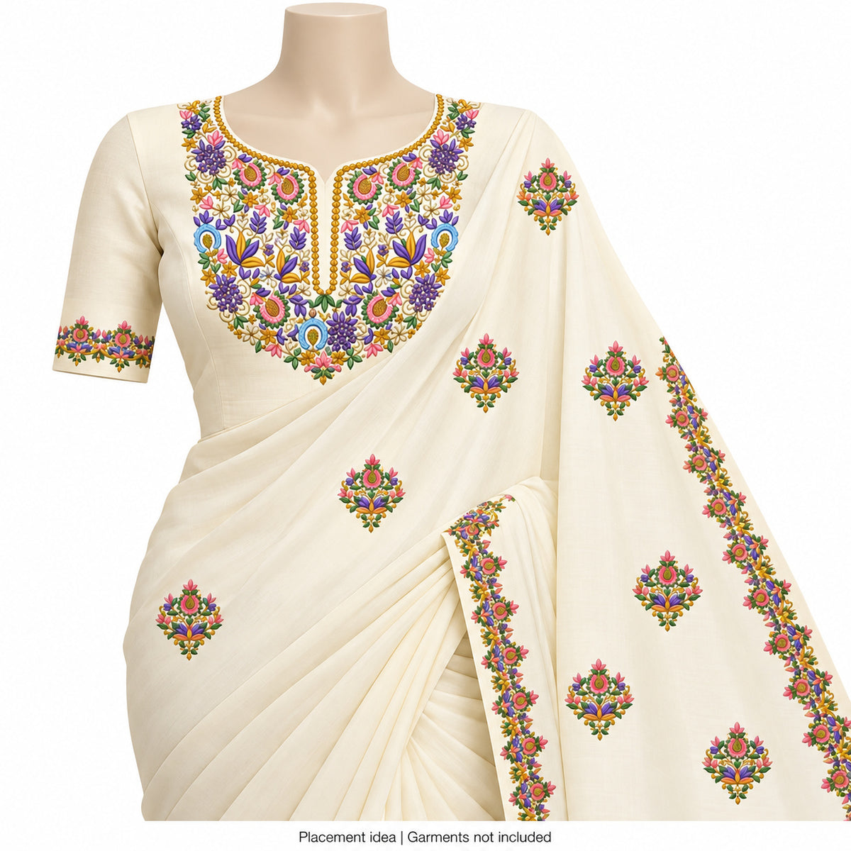 Multicolour Floral DTF Heat Transfer Sticker Set with Purple & Pink Neckline, Matching Motifs and Border for Suit & Blouse