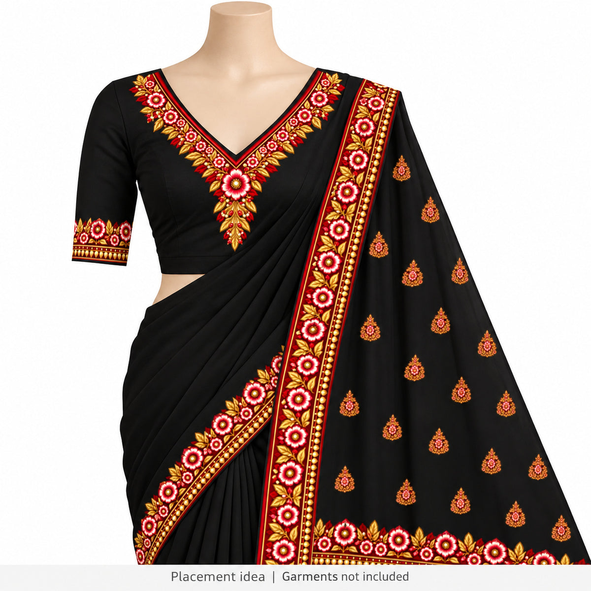 Red White & Gold Floral DTF Heat Transfer Sticker Set with V-Neckline, Borders & Motifs for Suit & Blouse