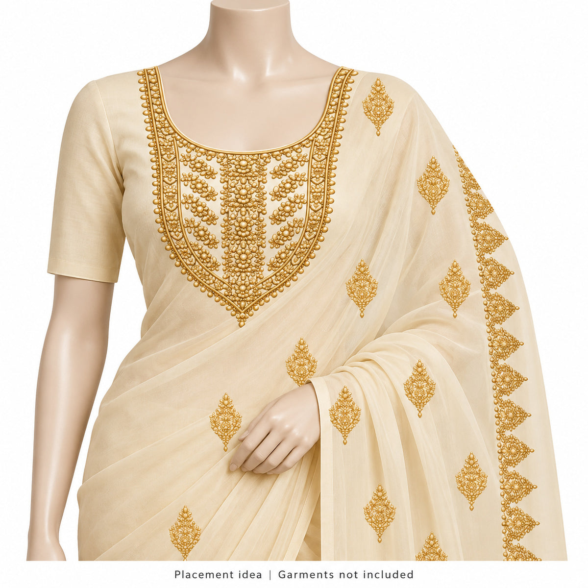 Gold-Tone Pearl Effect DTF Heat Transfer Sticker Set with Ornamental Neck Panel, Border and Motifs for Suit & Blouse