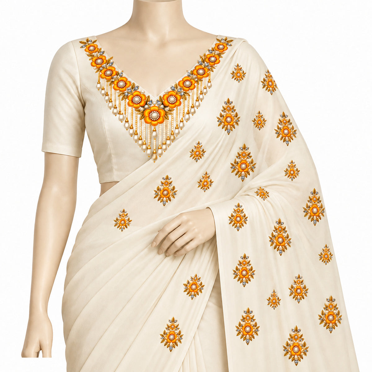 Orange Gold & Ivory Floral Necklace Style DTF Heat Transfer Sticker Set for Suit & Blouse
