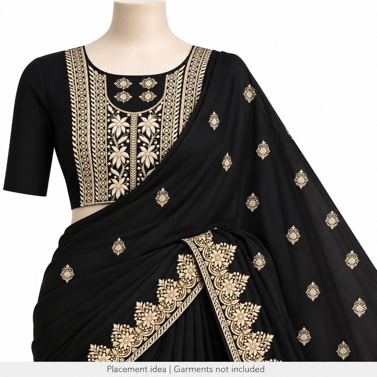 Ivory & Gold Floral DTF Heat Transfer Sticker Set with U-Neck Panel, Border & Motifs for Suit & Blouse