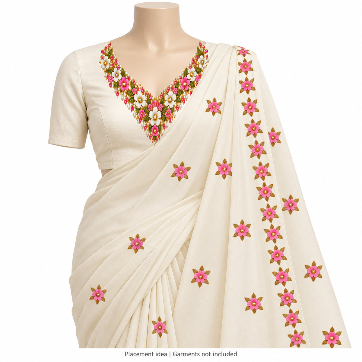 Pink Ivory & Gold Floral DTF Heat Transfer Sticker Set with V-Neck Design for Suit & Blouse