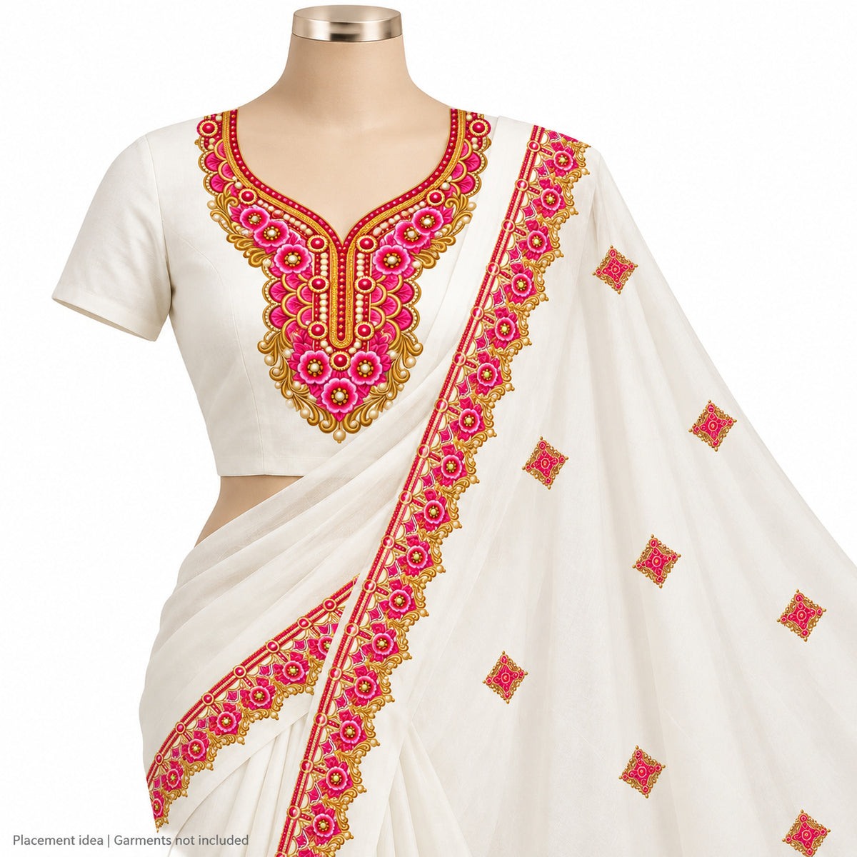 Rani Pink & Gold-Tone Floral DTF Heat Transfer Sticker Set with Neckline, Border and Diamond Motifs for Suit & Blouse