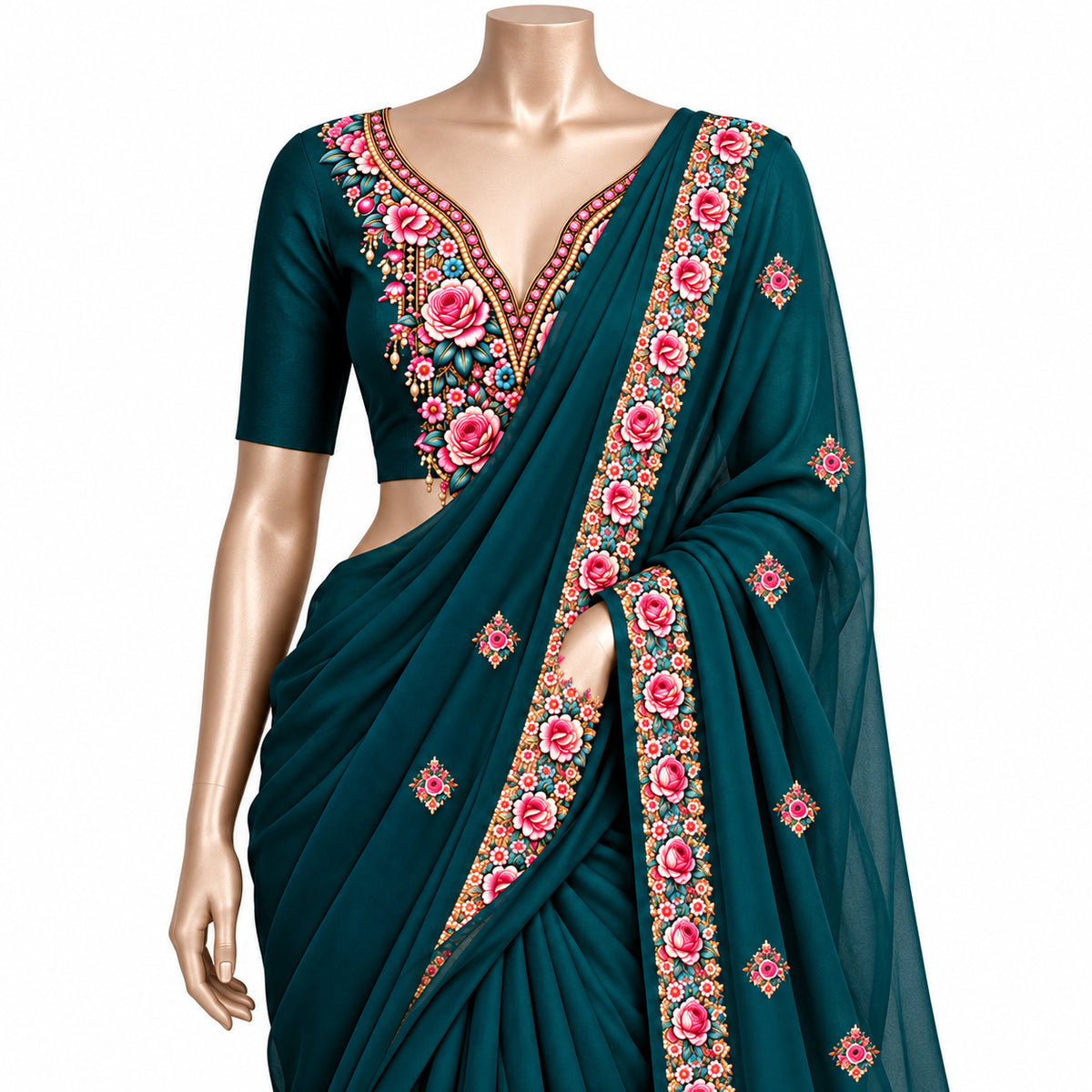 Pink Rose Teal & Gold DTF Heat Transfer Sticker Set with Long Neckline, Border & Motifs for Suit & Blouse