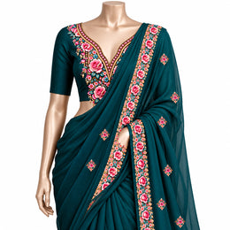 Pink Rose Teal & Gold DTF Heat Transfer Sticker Set with Long Neckline, Border & Motifs for Suit & Blouse