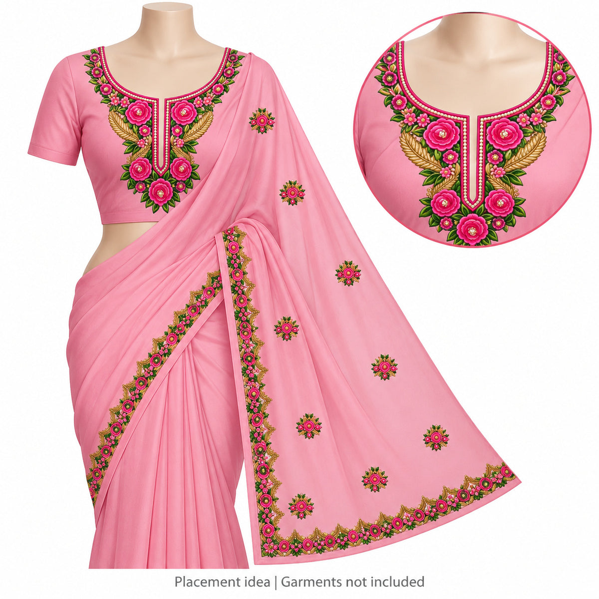Rani Pink Green & Gold Rose DTF Heat Transfer Sticker Set with Neckline, Border & Motifs for Suit & Blouse