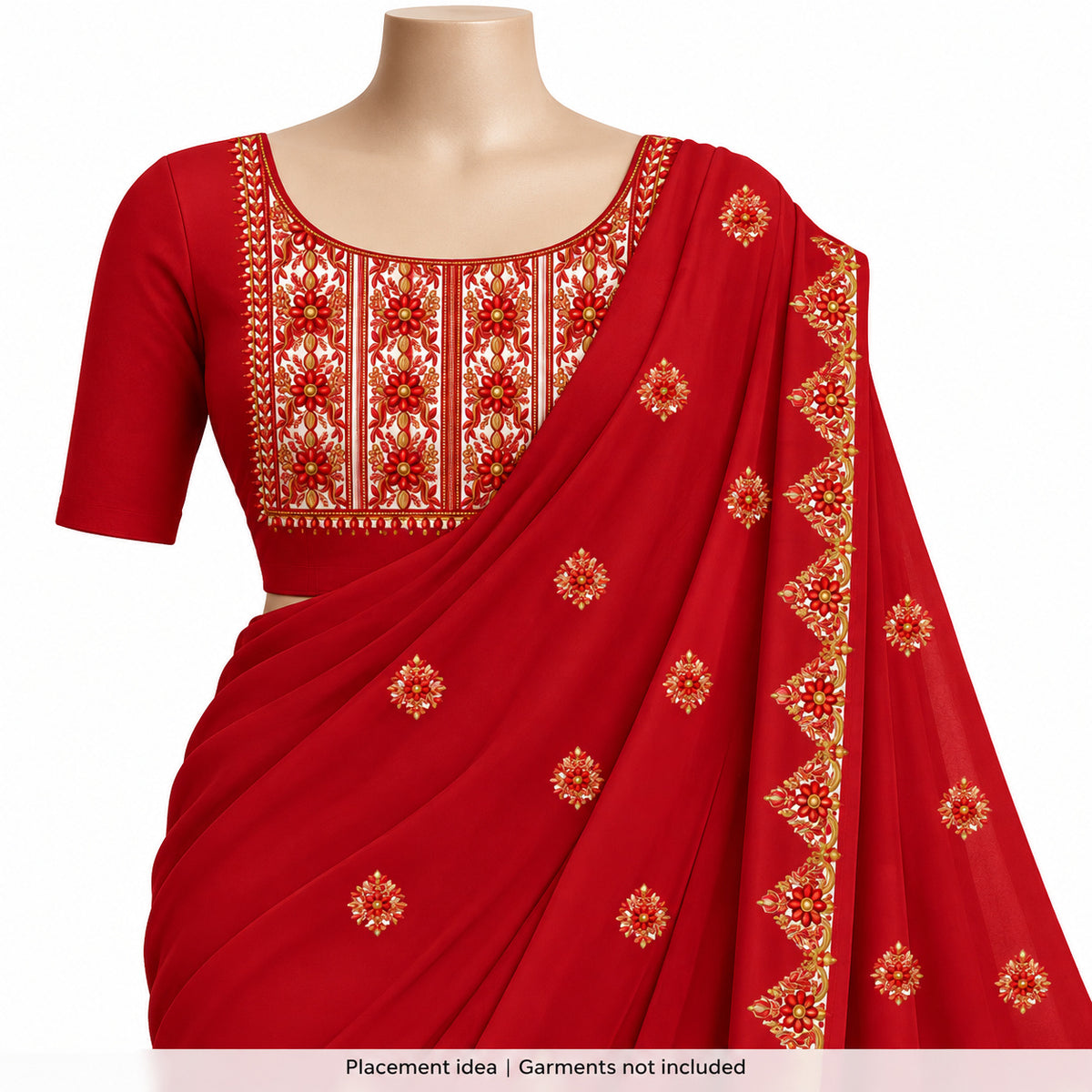 Red Floral & Gold-Tone DTF Heat Transfer Sticker Set with Long Neck Panel, Borders and Motifs for Suit & Blouse