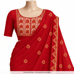 Red Floral & Gold-Tone DTF Heat Transfer Sticker Set with Long Neck Panel, Borders and Motifs for Suit & Blouse