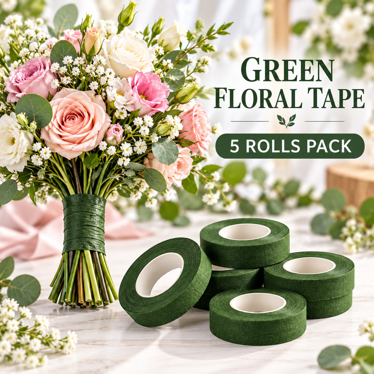Green Floral Tape for Flower Making & Bouquet Wrapping – Pack of 5 Rolls