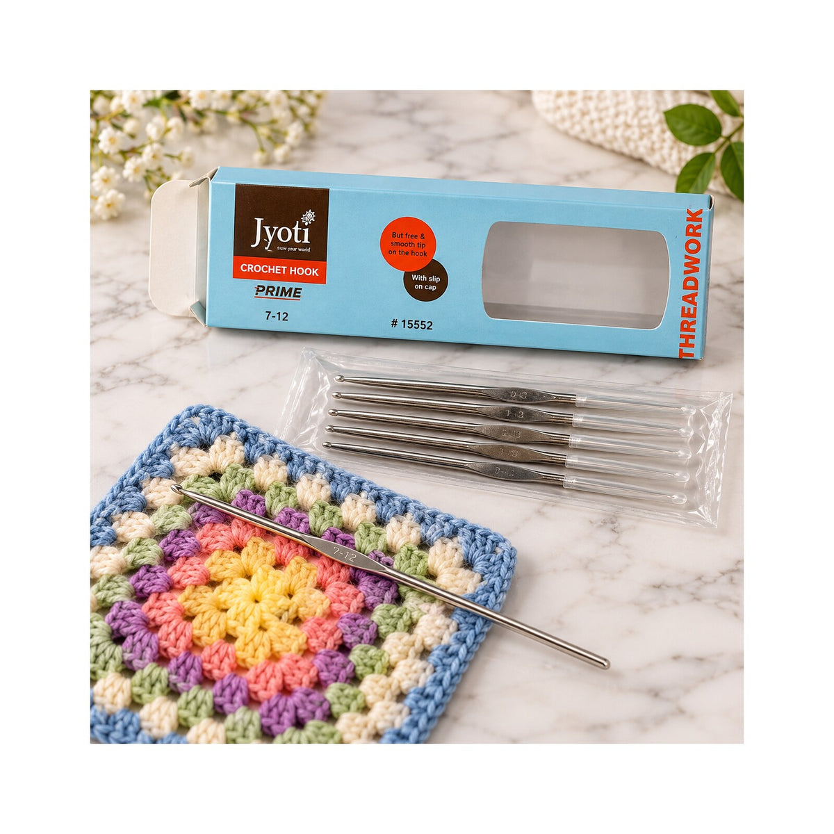 Jyoti Prime Crochet Hook Set of 6 Pieces | Sizes 7, 8, 9, 10, 11, 12 | Steel Crochet Needles for Knitting, Thread Work & Craft