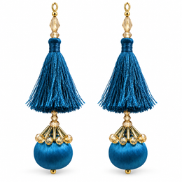 Premium Peacock Blue Designer Blouse Latkan with Silky Tassels, Golden Crystal Beads & Round Potli – Pack of 12 Pieces (6 Pairs)