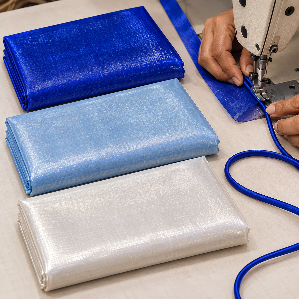 3 Piece Tissue Fabric Combo – Royal Blue, Sky Blue & White | 2 Metre Each | Piping & Tailoring Fabric