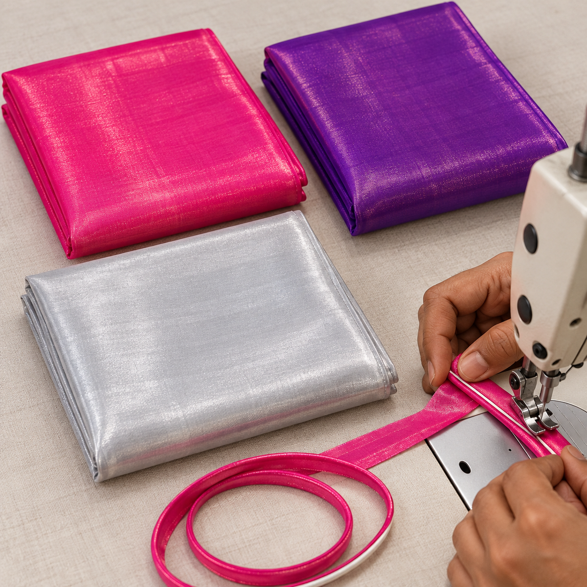 Premium Tissue Fabric 3 Piece Combo – Rani Pink, Purple & Silver | 2 Metre Each | Tailoring & Piping Fabric