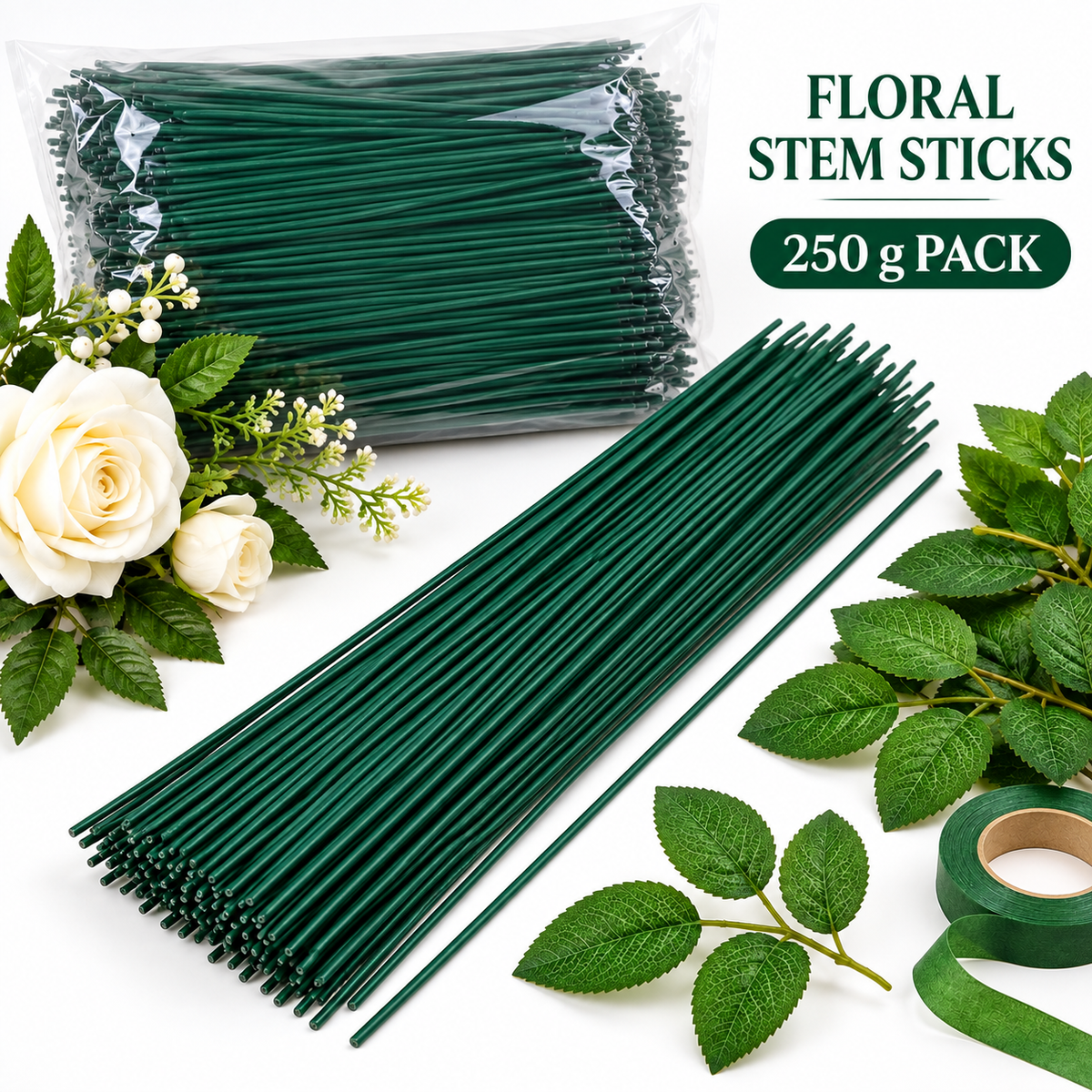 Green Floral Stem Sticks 250g Pack | Flower Making Stem Wire for Artificial Flowers & DIY Crafts
