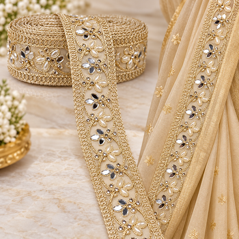 Premium Golden Floral Mirror Pearl & Stone Work Designer Lace for Saree, Lehenga, Blouse & Dupatta Border – 9 Meter Roll